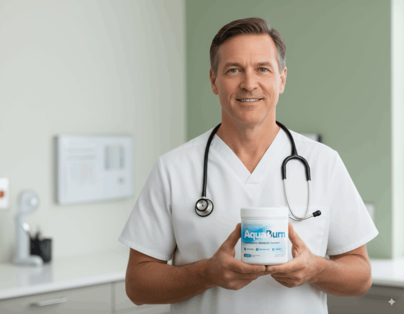 doctor holding Aquaburn bottle